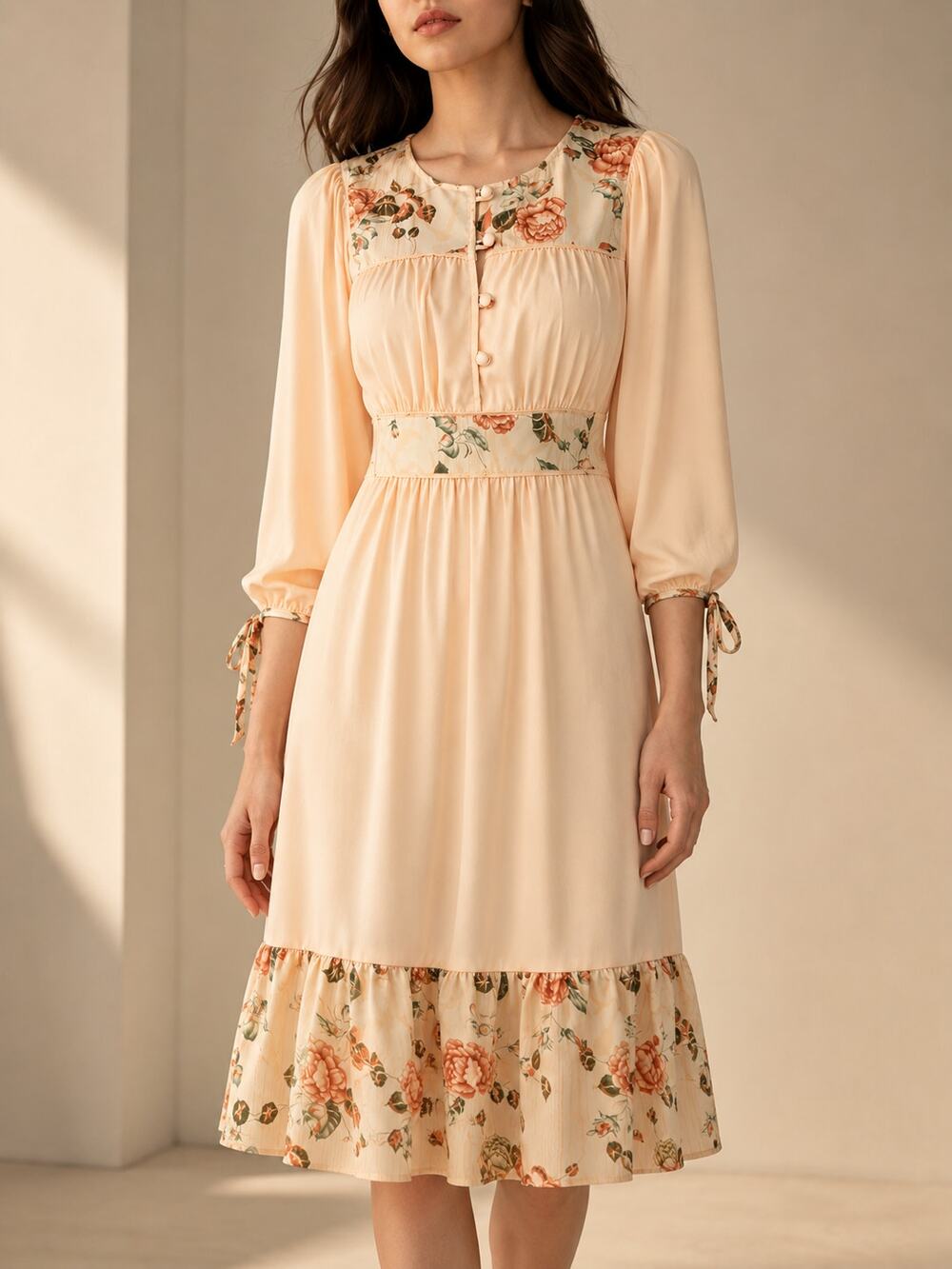 Vintage 70s Gunne Sax Prairie Midi Dress Womens 3 Peach Floral Cottagecore Boho